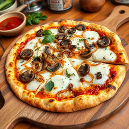 An appetizing onion and mushroom pizza, featuring a perfectly baked thin crust that is both crispy and golden