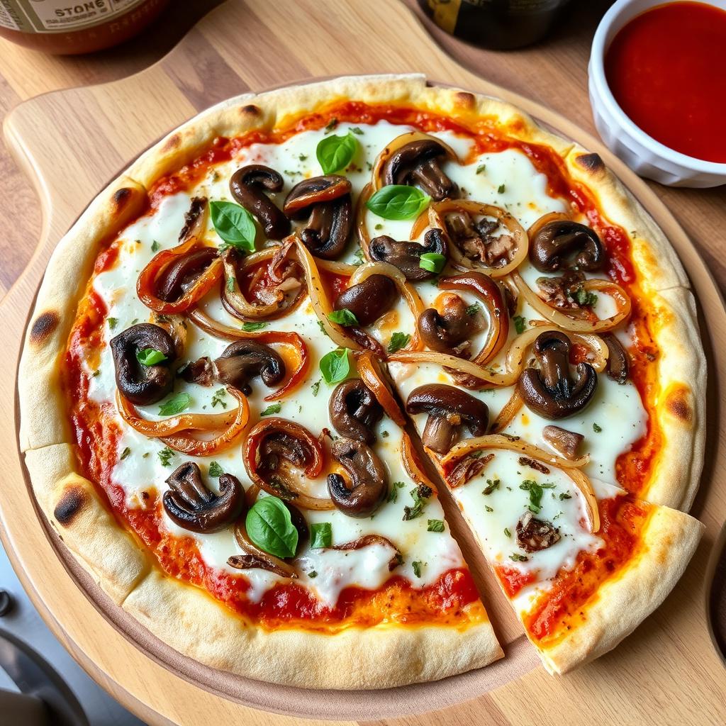 An appetizing onion and mushroom pizza, featuring a perfectly baked thin crust that is both crispy and golden