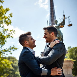 A romantic scene of a gay couple embracing in front of the Eiffel Tower
