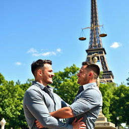 A romantic scene of a gay couple embracing in front of the Eiffel Tower
