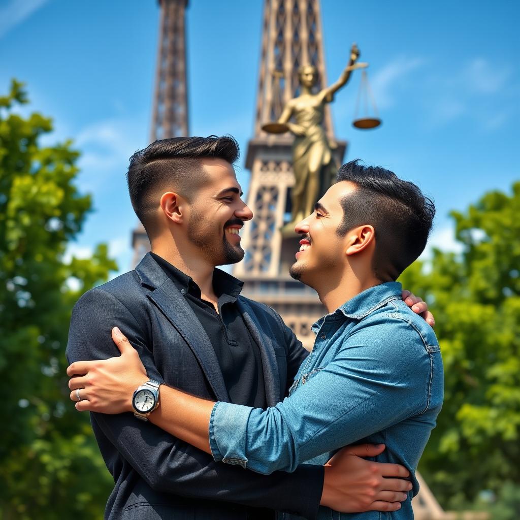 A romantic scene of a gay couple embracing in front of the Eiffel Tower