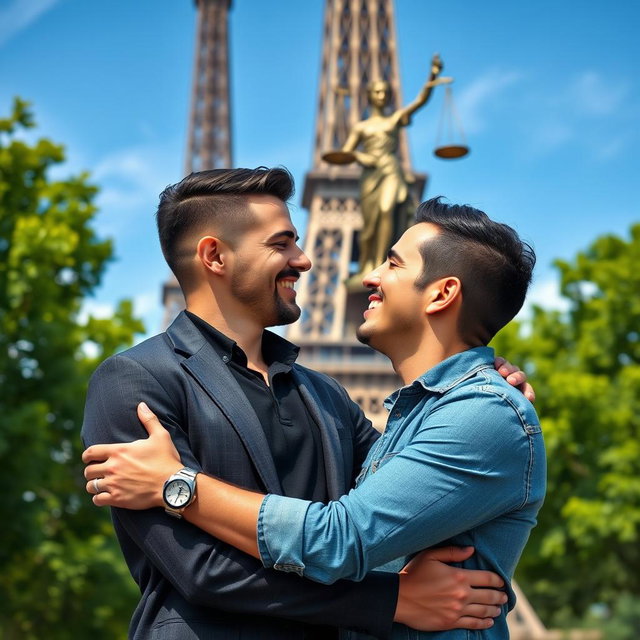 A romantic scene of a gay couple embracing in front of the Eiffel Tower