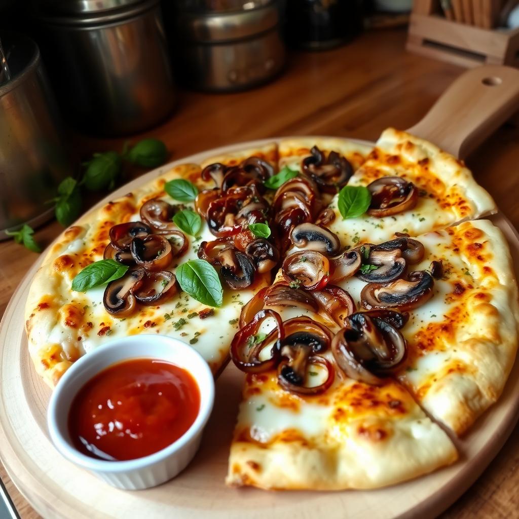 A scrumptious onion and mushroom pizza, featuring a crispy, golden thin crust