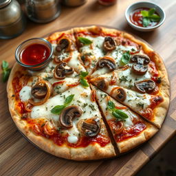 A scrumptious onion and mushroom pizza, featuring a crispy, golden thin crust