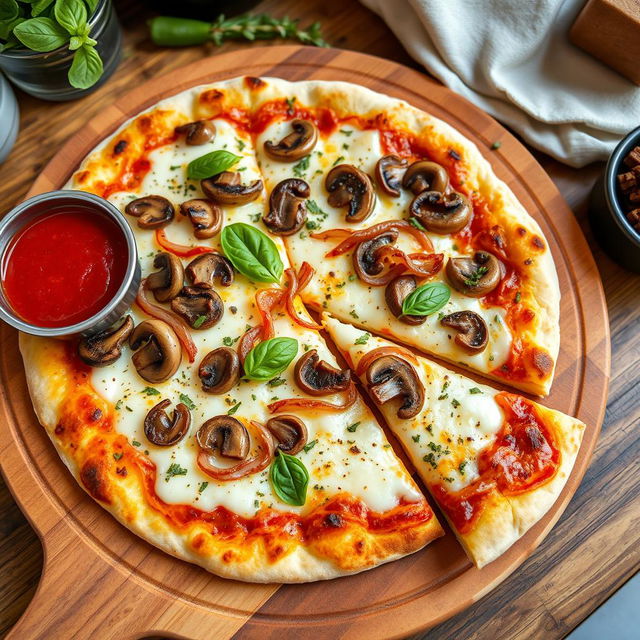 A scrumptious onion and mushroom pizza, featuring a crispy, golden thin crust
