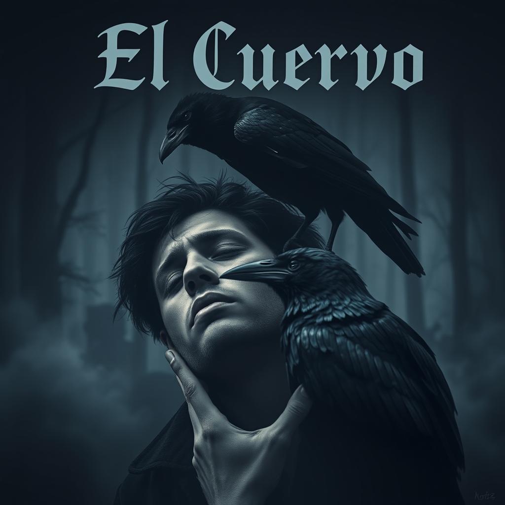 An emotional and dark scene featuring a man weeping over the death of his beloved, surrounded by a somber, shadowy environment