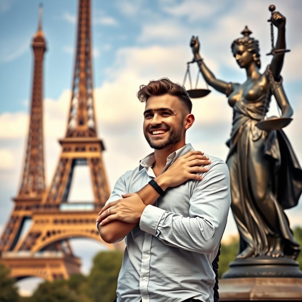A romantic scene depicting a joyful gay couple, standing closely together in front of the iconic Eiffel Tower, embracing each other affectionately