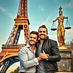 A romantic scene depicting a joyful gay couple, standing closely together in front of the iconic Eiffel Tower, embracing each other affectionately