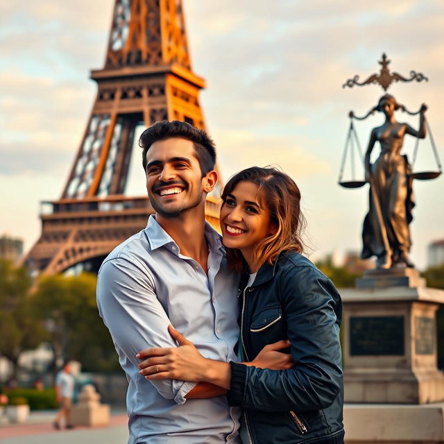 A romantic scene depicting a joyful gay couple, standing closely together in front of the iconic Eiffel Tower, embracing each other affectionately