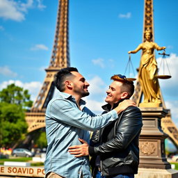 A romantic scene depicting a joyful gay couple, standing closely together in front of the iconic Eiffel Tower, embracing each other affectionately