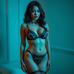 A beautiful 28-year-old Indonesian woman stands gracefully, highlighting her sturdy and sexy body with plump breasts and a bit of softness