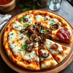 A mouthwatering onion and mushroom pizza, featuring a beautifully baked golden thin crust