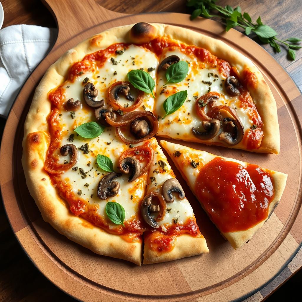 A mouthwatering onion and mushroom pizza, featuring a beautifully baked golden thin crust