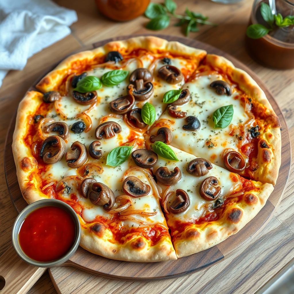 A delectable onion and mushroom pizza, showcasing a crispy, golden-brown thin crust