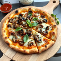 A delectable onion and mushroom pizza, showcasing a crispy, golden-brown thin crust