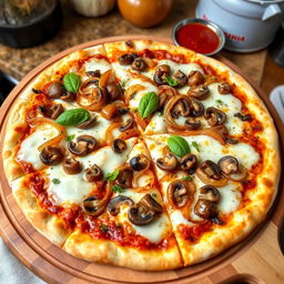 A delectable onion and mushroom pizza, showcasing a crispy, golden-brown thin crust