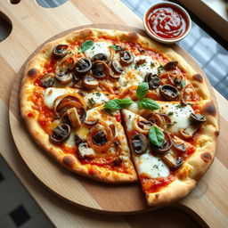 A delectable onion and mushroom pizza, showcasing a crispy, golden-brown thin crust