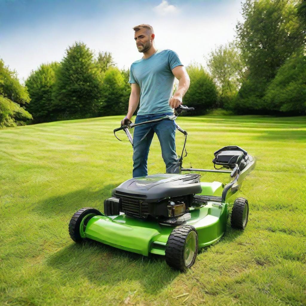 A man engaged in the peaceful activity of mowing a lush green lawn, pushing a modern lawnmower on a sunny day, sweat glistening on his forehead.