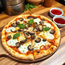 A flavorful onion and mushroom pizza, featuring a perfectly crisp thin crust that is golden brown