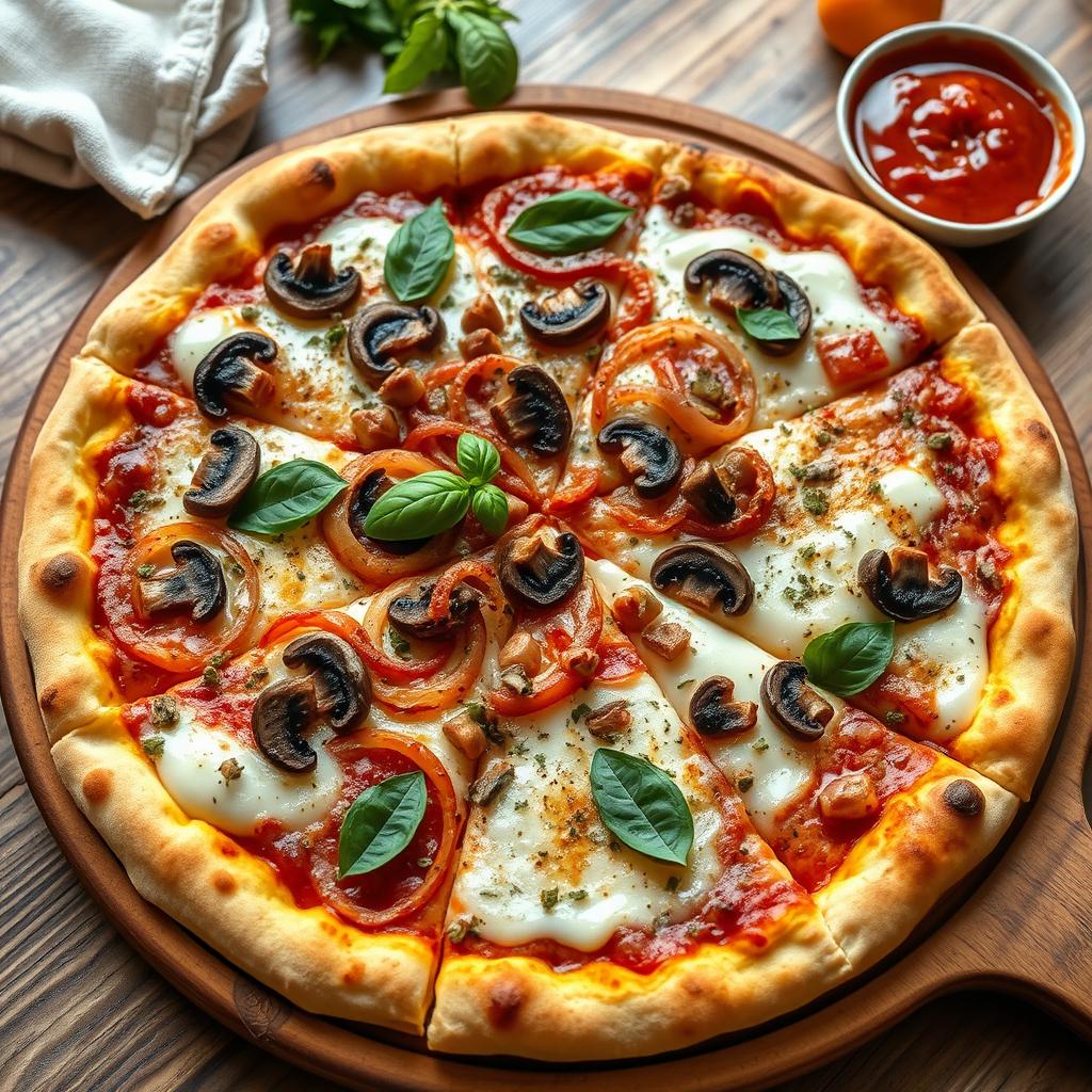 A flavorful onion and mushroom pizza, featuring a perfectly crisp thin crust that is golden brown