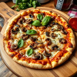 A flavorful onion and mushroom pizza, featuring a perfectly crisp thin crust that is golden brown