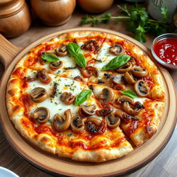 A flavorful onion and mushroom pizza, featuring a perfectly crisp thin crust that is golden brown