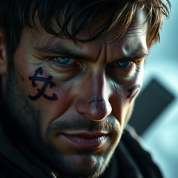 A close-up portrait of a rugged, handsome male character with distinct facial scars that tell a story of bravery