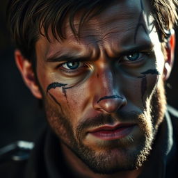 A close-up portrait of a rugged, handsome male character with distinct facial scars that tell a story of bravery