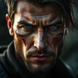 A close-up portrait of a rugged, handsome male character with distinct facial scars that tell a story of bravery