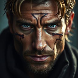A close-up portrait of a rugged, handsome male character with distinct facial scars that tell a story of bravery