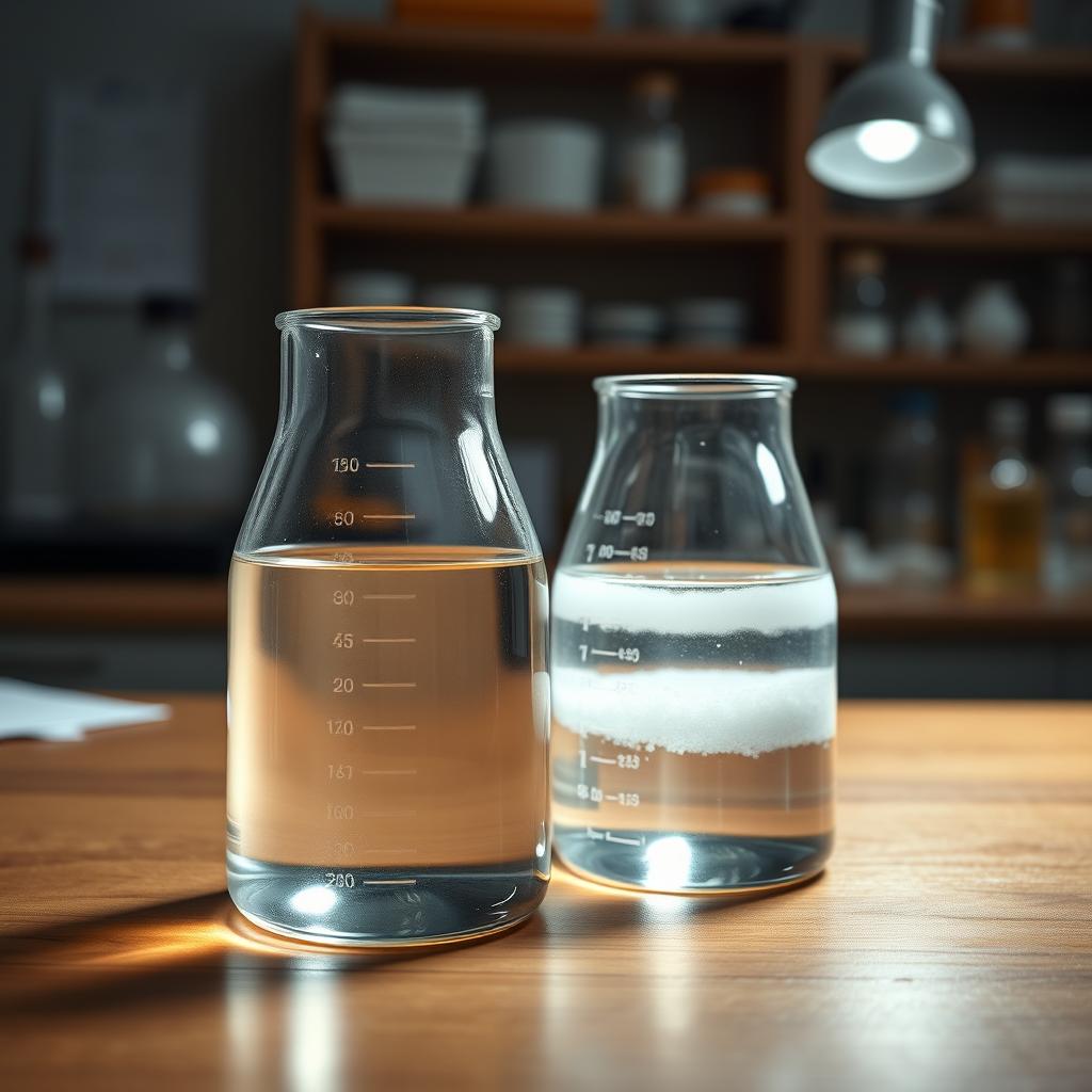A detailed and lifelike representation of two laboratory beakers placed on a wooden table