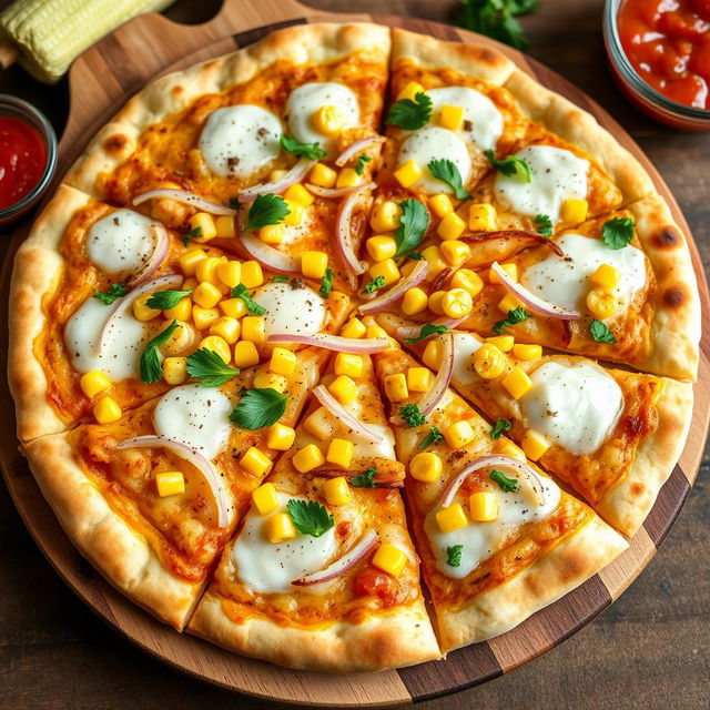 A vibrant corn and onion pizza, showcasing a perfectly baked thin crust with a golden-brown finish