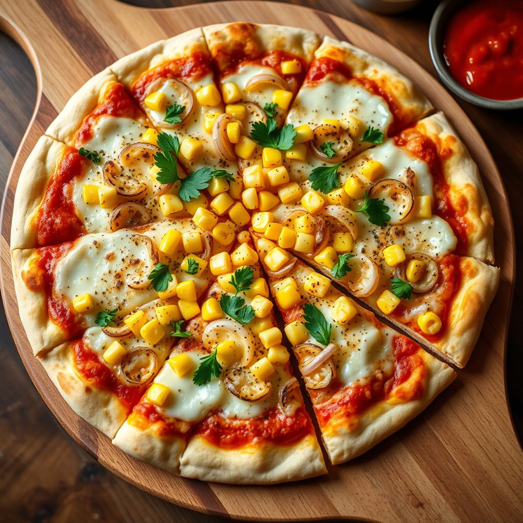 A vibrant corn and onion pizza, showcasing a perfectly baked thin crust with a golden-brown finish