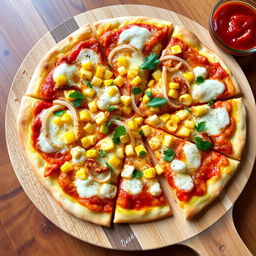 A vibrant corn and onion pizza, showcasing a perfectly baked thin crust with a golden-brown finish