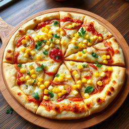 A vibrant corn and onion pizza, showcasing a perfectly baked thin crust with a golden-brown finish