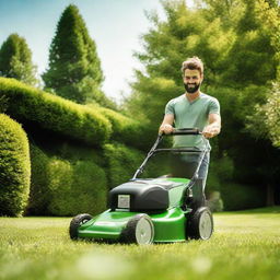 A man engaged in the peaceful activity of mowing a lush green lawn, pushing a modern lawnmower on a sunny day, sweat glistening on his forehead.