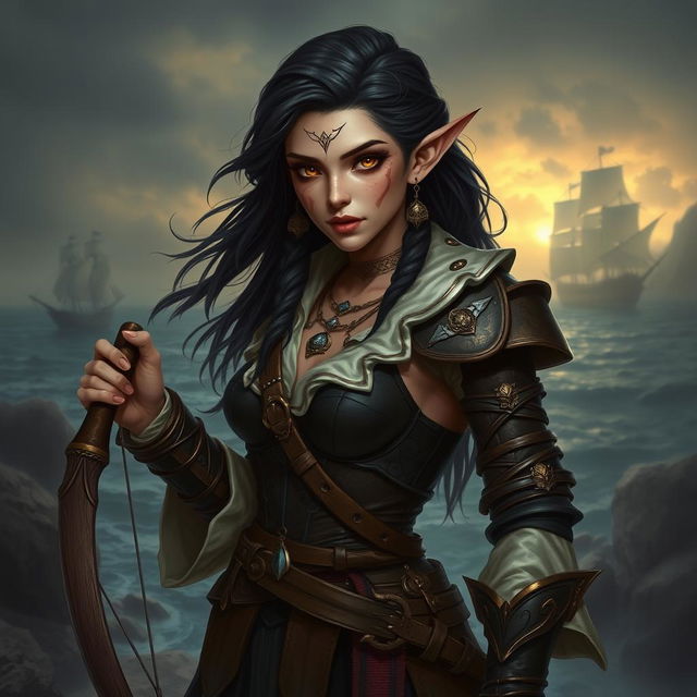A high elf pirate female with dark hair and fair skin, prominently featuring facial scars