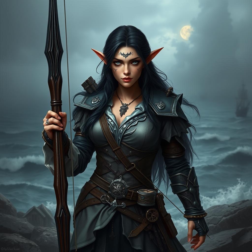 A high elf pirate female with dark hair and fair skin, prominently featuring facial scars