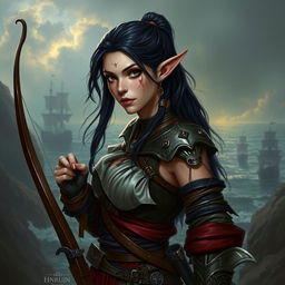 A high elf pirate female with dark hair and fair skin, prominently featuring facial scars