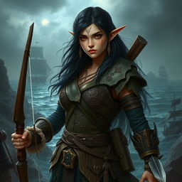A high elf pirate female with dark hair and fair skin, prominently featuring facial scars