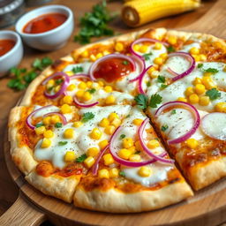 A mouthwatering corn and onion pizza, featuring a perfectly baked thin crust that is golden brown and crisp