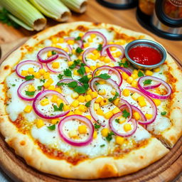 A mouthwatering corn and onion pizza, featuring a perfectly baked thin crust that is golden brown and crisp