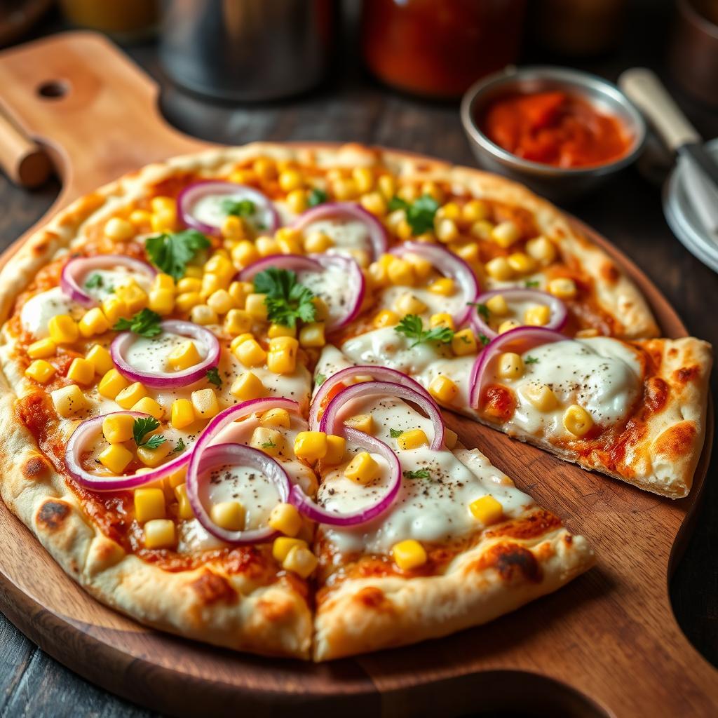 A mouthwatering corn and onion pizza, featuring a perfectly baked thin crust that is golden brown and crisp