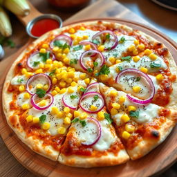 A mouthwatering corn and onion pizza, featuring a perfectly baked thin crust that is golden brown and crisp