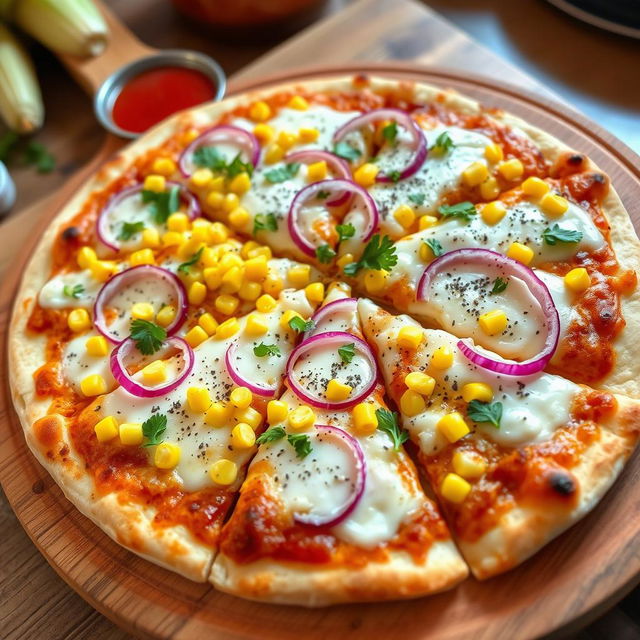 A mouthwatering corn and onion pizza, featuring a perfectly baked thin crust that is golden brown and crisp