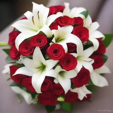 The bride's bouquet was a beautiful aggregative arrangement of red roses and white lilies.