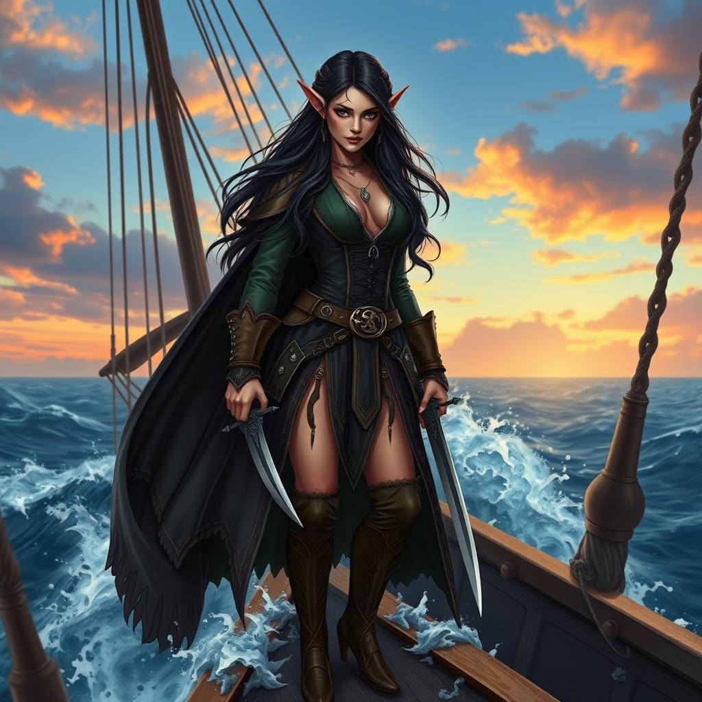 A high elf pirate female with long, dark hair cascading down her shoulders and fair skin decorated with unique lip scars