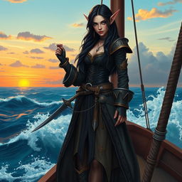 A high elf pirate female with long, dark hair cascading down her shoulders and fair skin decorated with unique lip scars