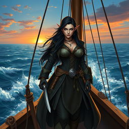 A high elf pirate female with long, dark hair cascading down her shoulders and fair skin decorated with unique lip scars