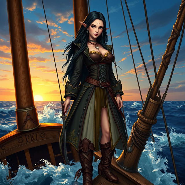 A high elf pirate female with long, dark hair cascading down her shoulders and fair skin decorated with unique lip scars